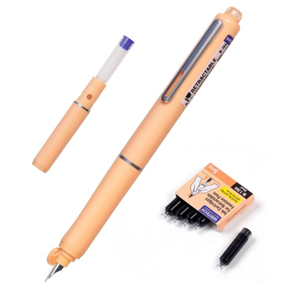 close up of pen showing refillable cartridges and a set of the refillable cartridges